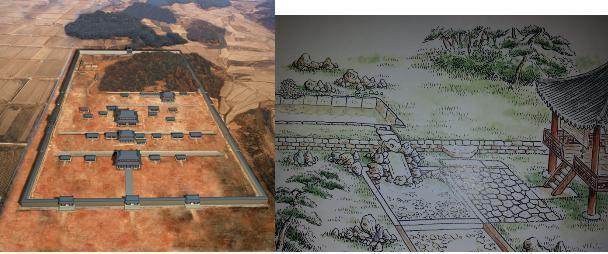 ▲ 왕궁리유적 복원추정도 (우, 정원복원 상상도) 가로 세로가 245m, 490m로 중국의 도성,왕궁제도를 구현하였다. 서울,공주,부여공간에서는 확인 안된 백제의 전형적인 통치와 생활공간 및 부엌, 화장실, 정원, 공방 등 다채로운 백제의 삶을 보여주는 유일의 왕궁공간이다.