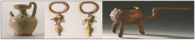▲ 남원 월산리 출토 유물. 중국에서 수입된 청자 계수호, 금귀걸이, 철제 자루 솥(술 데우는 의기).