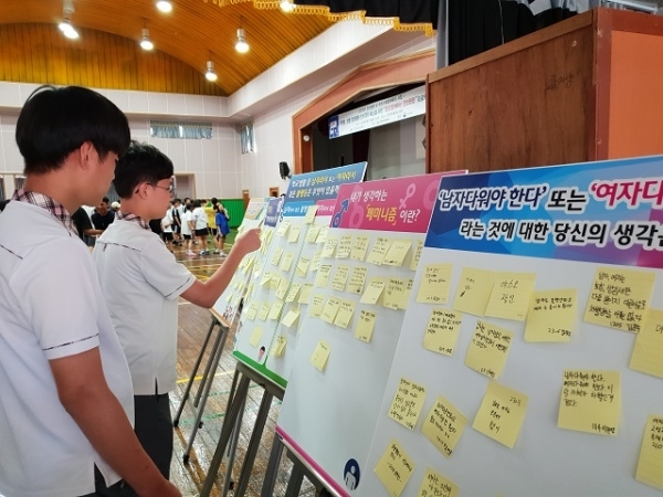 양성평등 관련 설문조사에 대한 답변을 포스트잇에 작성해 붙이고 있는 전라중 학생들