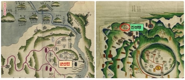 (왼쪽)1872년 지방지도 군산진지도(만경현). 현재 군산시 장미동 일원(옛 군산진은 고군산으로 부름). 1872년 지방지도 임피지도에 나타난 진성창(상북면 해창).