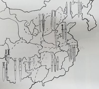 기원전 5~4세기 중국 일대의 청동검 분포도. 과거 제나라가 존재했던 산동성 일대에 분포하는 동검의 모양과 완주 상림리에서 출토된 26점의 동검 모양이 일치한다