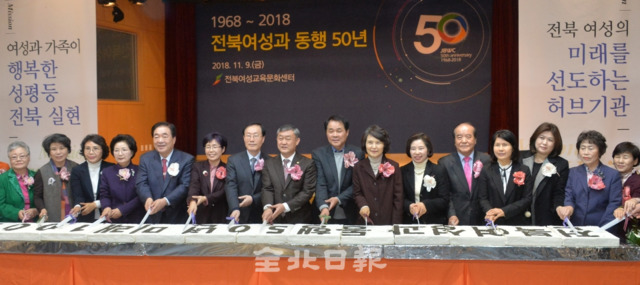 전북여성교육문화센터 개관 50주년 기념식이 열린 9일 이윤애 센터장과 송성환 도의장, 김송일 행정부지사, 윤석정 전북일보사 사장 등 참석자들이 떡 케익을 전달하고 있다. 박형민 기자