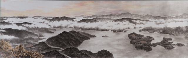 붕어섬 가을. 2014. 80x257 순지에 수묵채색.