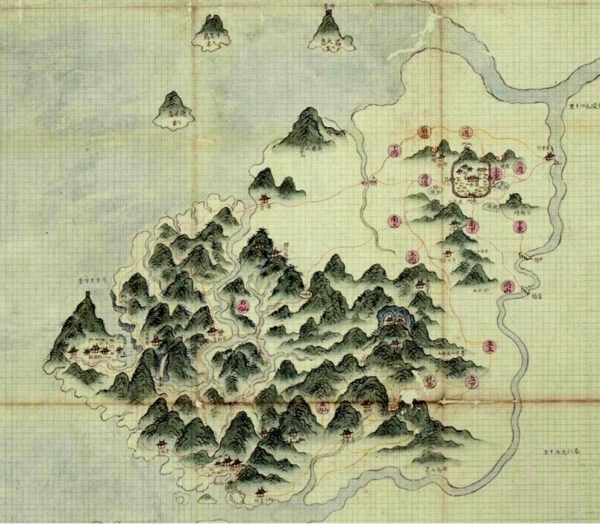 비변사인 방안도-부안, 산들이 독립적으로 묘사된 변산의 모습. 이곳이 사회에서 이탈된 존재들이 은신하기 좋은 공간임을 보여준다.