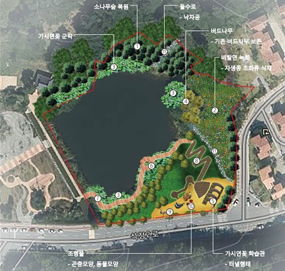 석정온천지구 호수 가시연꽃 서식처 조성 기본 계획도.