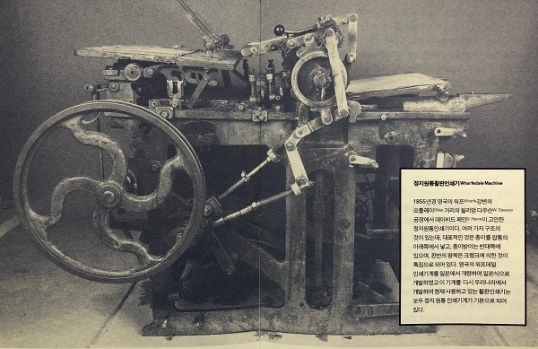 정지원통활판인쇄기. 1855년경 영국 워프 강변 오틀레이 거리의 윌리엄 다우슨 공장에서 데이비드 페인이 고안한 정지원통인쇄기.