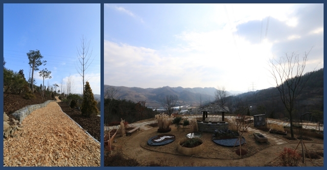 뜬봉샘 생태공원 가는길 보기만 해도 힐링이 된다(왼쪽). 위에서 내려다본 뜬봉샘 생태공원.