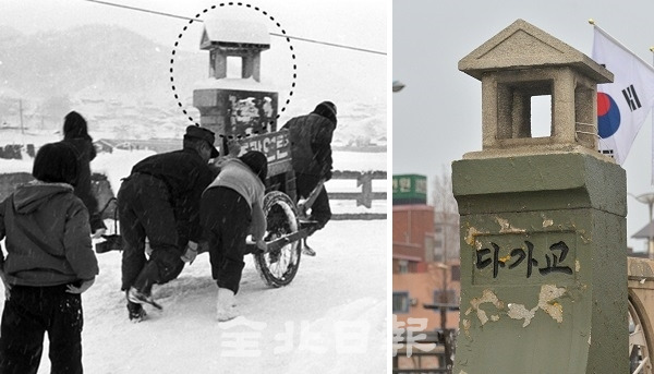 전북일보에 비친 현대사 60년, 기억’에 수록된 1965년 당시 전주 다가교 모습(사진 왼쪽, 전북일보 DB)과 다가교 석등 뒤로 3.1절을 맞아 설치된 태극기가 펄럭이고 있는 현재 모습(사진 오른쪽). 박형민 기자