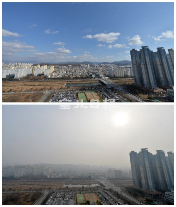 전북도청에서 바라본 두장의 사진이 전주시를 뒤덮은 미세먼지의 모습을 극명하게 보여주고 있다. 사진 위는 지난 1월 21일 강추위에 미세먼지가 걷히고 파란하늘을 보인 전주시의 모습, 사진 아래는 3일 같은 장소에서 바라본 전주시의 모습이다. 이날 전주시 팔복동의 미세먼지 농도 최고기록은 198을 기록했다. 박형민 기자