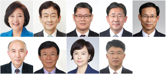 박영선 중소벤처기업부 장관 후보자, 진영 행정안전부 장관 후보자, 김연철 통일부 장관 후보자, 박양우 문화체육관광부 장관 후보자, 최정호 국토교통부 장관 후보자(윗 줄 왼쪽부터)조동호 과학기술정보통신부 장관 후보자, 문성혁 해양수산부 장관 후보자, 이의경 신임 식품의약품안전처장, 최기주 신임 대도시권광역교통위원장(아랫 줄 왼쪽부터)