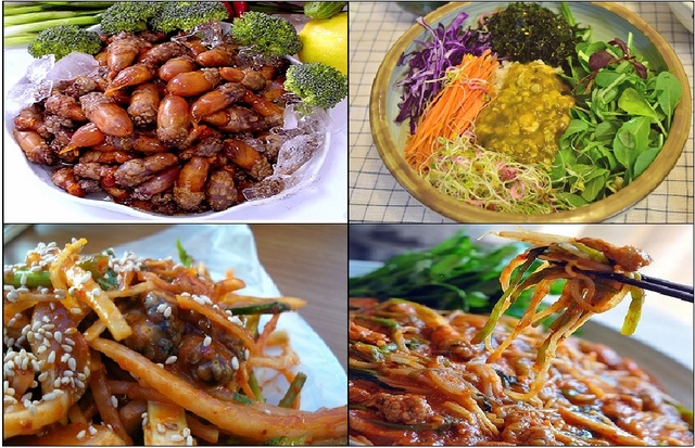 미더덕으로 만든 음식들. 시계방향으로 미더덕 회, 미더덕 비빔밥, 미더덕 찜, 미더덕 무침. 독특한 향과 알싸한 맛, 쫄깃한 식감이 자랑이다.