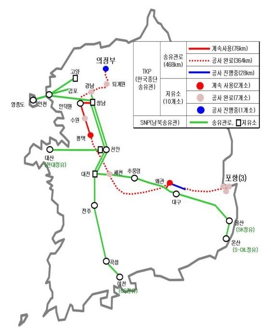 우리나라 전역에 매설된 TKP 관로도. 자료출처=국방부