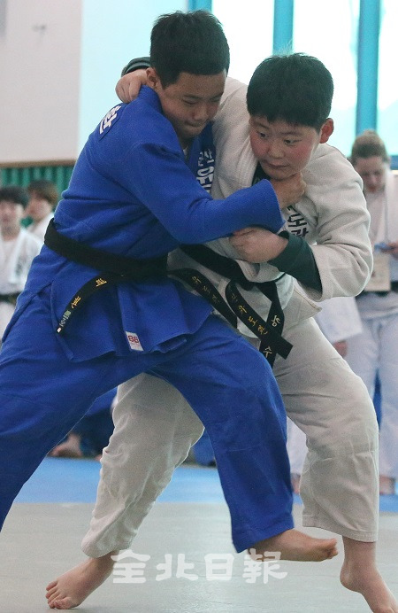 20일 2019 전라북도 유도 축제 한마당이 전북체육고등학교 유도장에서 열린 가운데 대회에 참가한 선수들이 치열한 경기를 치르고 있다. 조현욱 기자