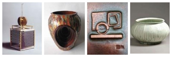 (왼쪽부터) 조수진 작품 '망루', 김행령 작품 '천년의 기다림', 임옥수 작품 '진화의 꽃', 이부웅 작품 '농청자각항아리'