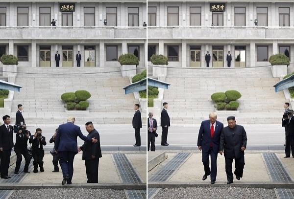 도널드 트럼프 미국 대통령과 북한 김정은 국무위원장이 30일 오후 판문점 군사분계선을 넘어 북측으로 함께 걸어갔다 다시 되돌아오고 있다. 연합뉴스