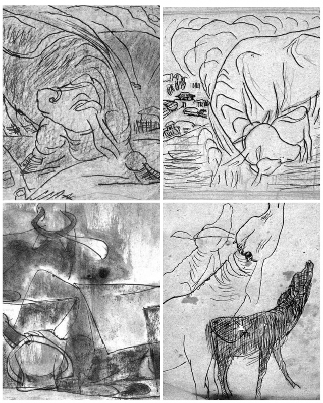 진환의 소 스케치. 배경으로 무장읍성과 마을의 모습도 보인다.