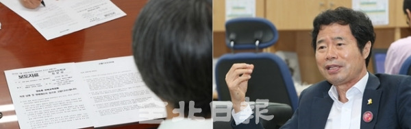 16일 상산고등학교 일부 학부모들이 김승환 전북교육감을 직권남용·명예훼손을 이유로 고발하고 전북교육청에서 기자 간담회를 하고 있다. (사진 왼쪽) 김승환 전북교육감도 같은 날 간담회를 열고 '법적 문제가 없다'며 맞대응을 하고 있다. (사진 오른쪽) 조현욱 기자