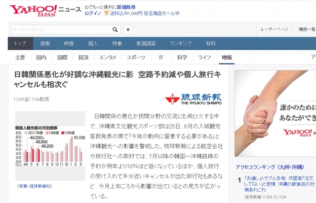 이번 한일관계의 악화로 인해 오키나와의 한국인 관광 예약이 줄어들고 있다는 언론기사 / 사진 제공 = 성신여대 교양학부 서경덕 교수 연구팀