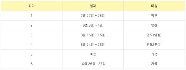 2019년 무주군 산촌캠핑 일정표