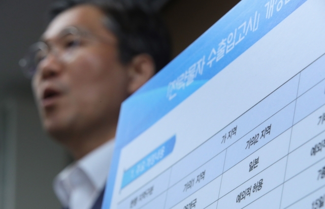 성윤모 산업통상자원부 장관이 12일 세종시 정부세종청사 산업통상자원부에서 일본을 한국 백색국가에서 제외하는 전략물자 수출입고시 변경을 발표하고 있다. /연합뉴스