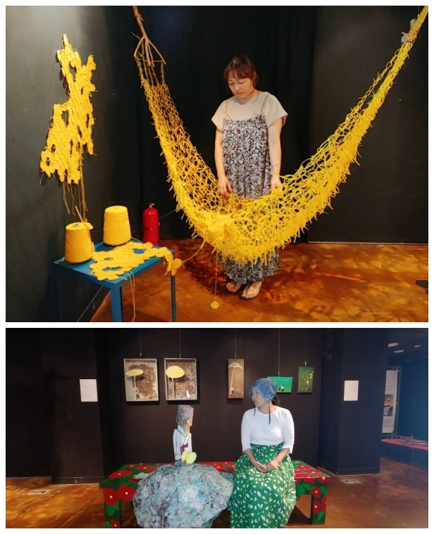 지난 14일 일본군 ’위안부’ 피해자 기림의 날을 맞아 ’다시 평화!’ 전시회가 열리고 있는 전주영화제작소 1층 전시실에서 만난 정하영(위)·한숙(아래) 작가가 본인의 작품에 담긴 염원을 이야기했다.