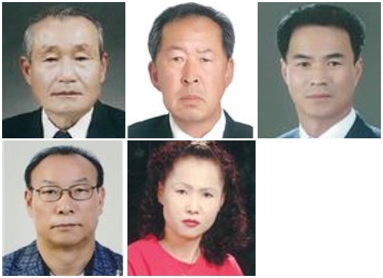 (윗줄 왼쪽부터) 문화체육장 김봉주·공익장 김영기·산업근로장 김명갑 씨. (아랫줄 왼쪽부터) 애향장 박창식·효열장 김정희 씨