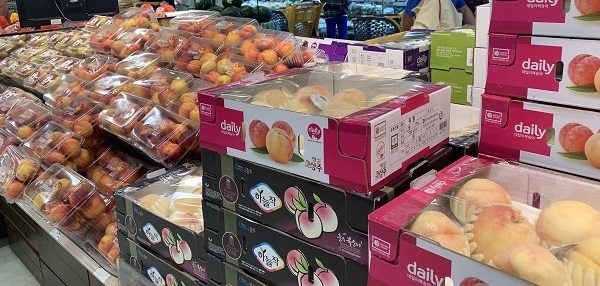 이마트 전주점에 여름 과일인 복숭아와 자두가 진열돼 있다.