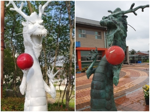 김제 검산체육공원 용 조형물(왼쪽)과 익산 용안면 용머리 고을권역 상생관 앞 광장 용 조형물