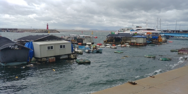 7일 오전 9시께 태풍 '링링'이 몰고 온 강풍으로 전북 군산시 비응항에 양식 어구 등 부유물이 떠다니고 있다. /연합뉴스