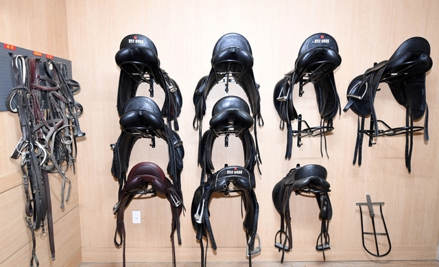 함안군승마공원 내 배치된 말 안장. /경남신문 성승건 기자