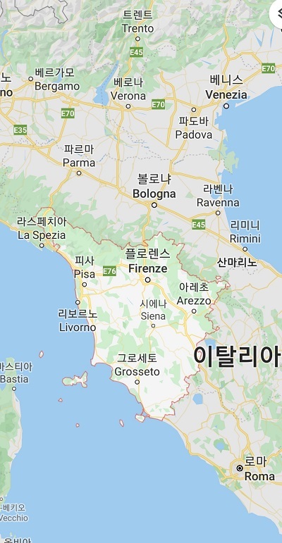 이탈리아 토스카나 지방은 거점도시 피렌체(플로렌스)를 중심으로 서로 상호작용하며 발전을 도모하고 있다. 토스카나 지방은 역사 뿐만 아니라 농업분야 관광도 활성화 된 곳이다. 사진 캡쳐=구글 지도