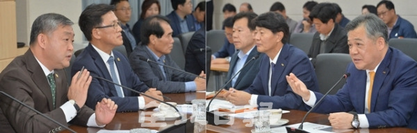 22일 전북도의회 송성환 의장(사진 왼쪽)을 비롯한 도의원들이 드론전문교육센터 경북도 설립과 관련해 한국국토정보공사를 항의 방문해 최창학 사장(사진 오른쪽)과 면담을 하고 있다. 박형민 기자