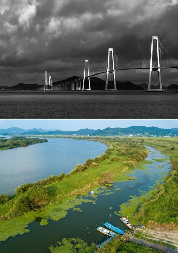 사진공모전에서 대상을 차지한 ‘천사대교’(사진 위)와 ‘영산강의 습지와 나루터’.