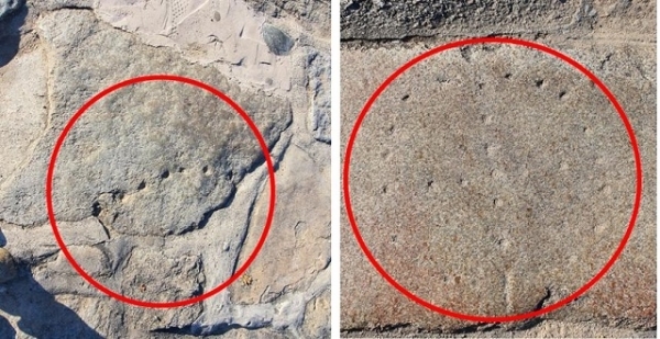 오작교 상판석에서 발견된 원형 윷판(왼쪽)과 칠성 성혈.