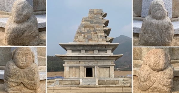 미륵사지석탑과 수호 석인상 4기.