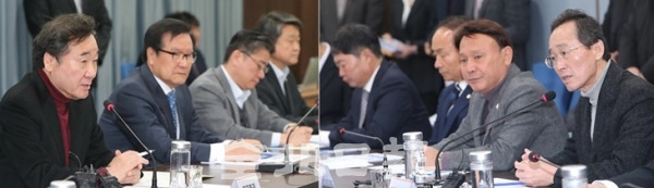 지난 14일 군산시 자동차융합기술원에서 열린 군산 고용·산업위기지역 현장간담회에서 이낙연 국무총리(왼쪽)와 송하진 도지사(오른쪽)가 발언을 하고 있다. 조현욱 기자