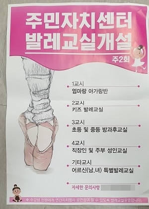 주민자치센터와 공동으로 발레 교실을 개설한 것으로 보이게 만든 전주지역 한 발레 학원의 거짓 포스터.