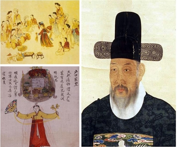 천연두를 몰아내려 지낸 굿의 풍속화와 천연두 앓은 흔적이 남은 오명항 초상(경기도 박물관 소장).