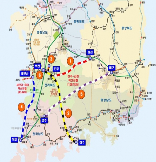 전북도가 건의한 6개 사업 노선 위치도.