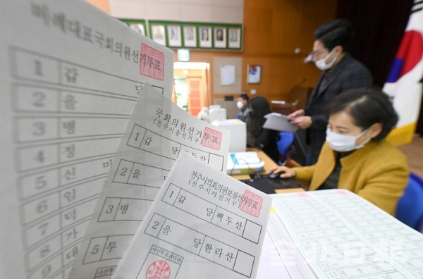 제21대 국회의원선거 사전투표 모의시험이 19일 전주시 사전투표소 35개소에서 열려 도청 대회의실에 마련된 사전투표소에서 선거사무원들이 선거전용 통신망 및 운용장비 등을 점검하고 있다. 오세림 기자