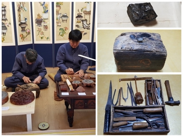 윤도 제작 모습과 위로부터 자철석, 작업대, 연장.