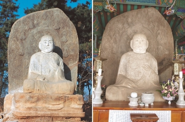 익산 연동리 석조여래좌상 보호각 개축 이전(왼쪽)과 이후.