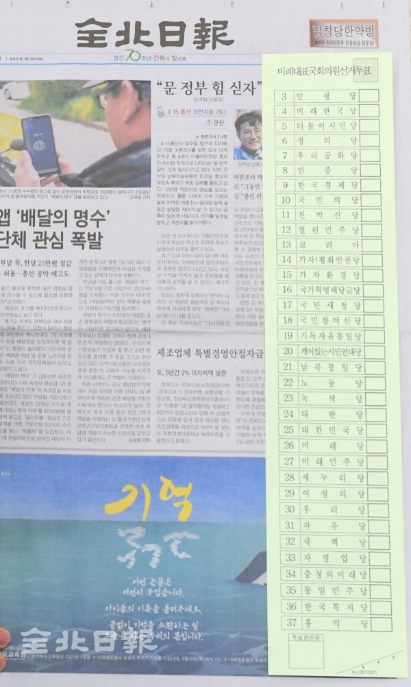 48.1Cm로 역대 최장의 비례투표용지에 35개 정당이 빼곡히 적히면서 작아진 기표란으로 무효표 발생 우려와 개표시간 지연 등의 우려속에 8일 전북선관위에서 본보에 올려놓은 비례투표용지의 길이를 가름할 수 있다. 오세림 기자