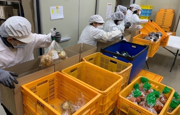 전주시가 친환경 농산물을 구입해 소외계층에 지원할 '친환경농산물 꾸러미'를 포장하고 있다.