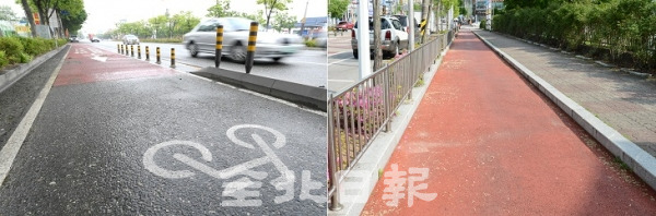 전주시가 조성중인 자건거도로는 차도와 차선규제봉으로 구분하면서 안전에 무방비로 노출돼 있는 반면 남원시 자전거도로(오른쪽)는 차도와 자전거도로, 인도가 확실히 구분돼 있어 운전자 및 자전거 이용자, 보행자들이 안전거리를 확보하게 설치 운영하고 있어 전주시의 보안책 마련이 요구되고 있다. 오세림 기자