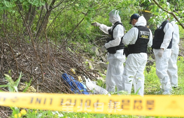 부산에 살던 20대 여성이 12일 완주군의 한 과수원에서 사체로 발견돼 과학수사대가 현장 감식을 하고 있다. 오세림 기자