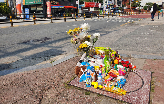 전주시 반월동에서 발생한 스쿨존 교통 사망사고 현장에 시민들이 숨진 아이를 위해 과자와 음료수 등을 쌓아두는 등 추모 행렬이 이어지고 있다.
