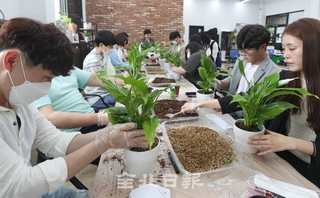 27일 전주시가 코로나19로 피해를 입은 농업회사법인 (주)디자인농부를 찾아 직원들을 대상으로 꽃 화분 심기 등 원예치료 프로그램을 하고 있다. 조현욱 기자
