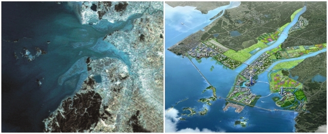 1987년 새만금 위성사진(왼쪽)과 새만금 사업 전체 조감도.
