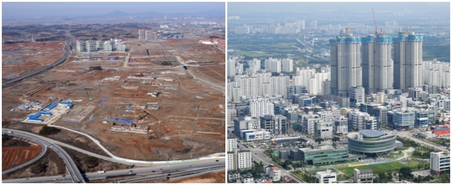 전북혁신도시 조성 전 부지 모습(왼쪽)과 현재 전북혁신도시 전경.